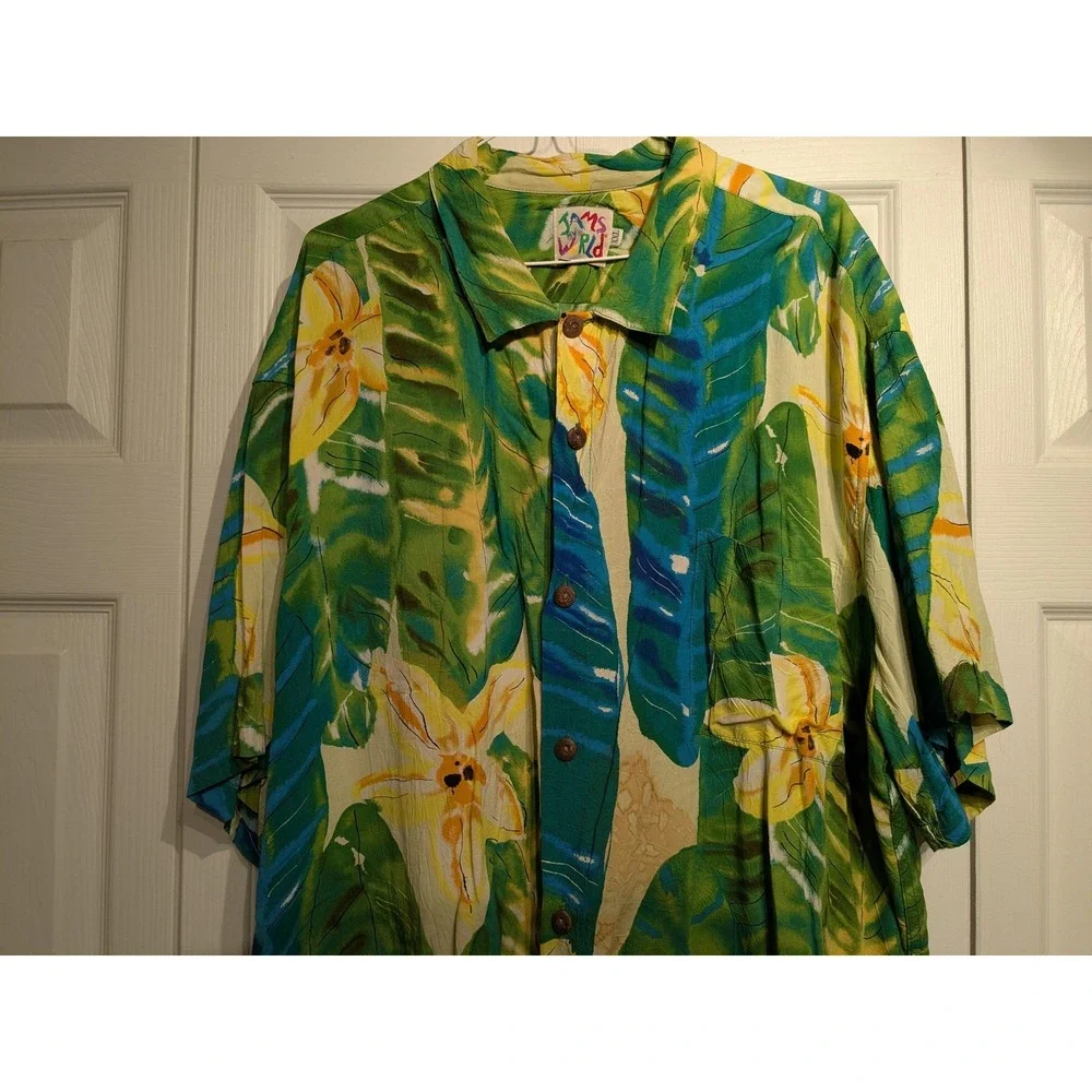 Vtg. Jams World Shirt Mens 2XL Green Tropical Floral Hawaiian Aloha Rayon‎ USA - Picture 2 of 15